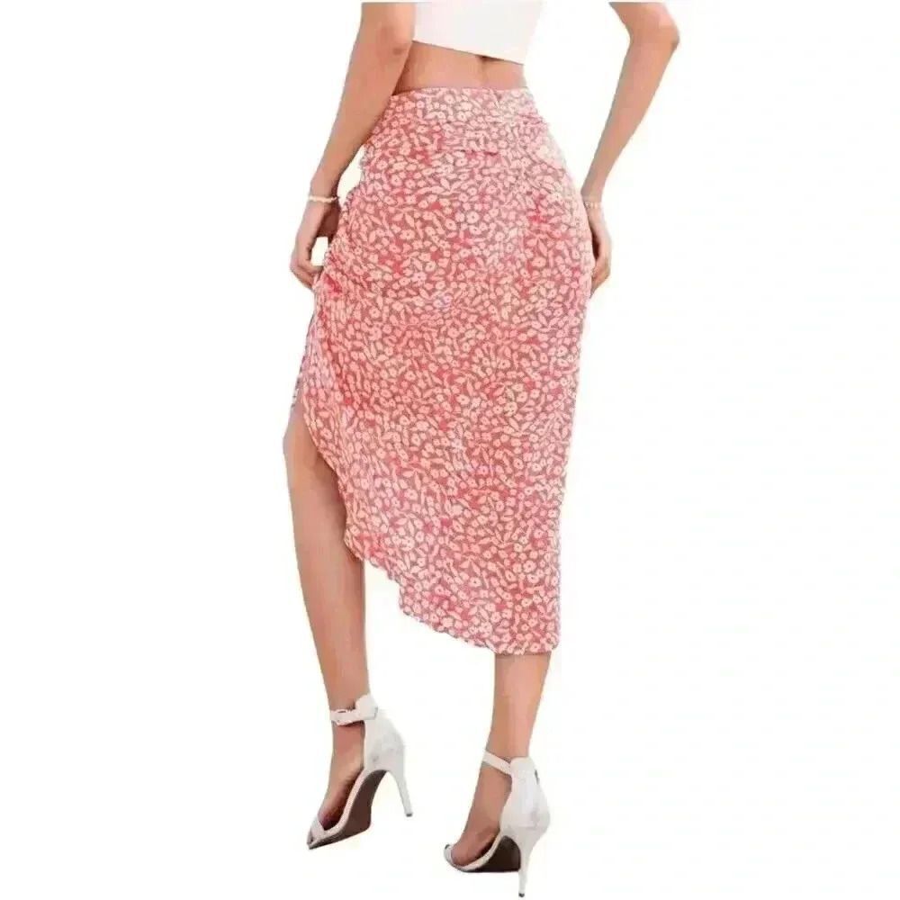 IML Women's Red & White Poly Floral Left Side Drawstring Slit Flowy Skirt NEW